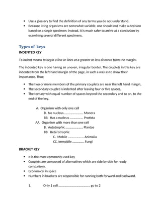 Indented Keys Bio Example Taxonomic collection, types of collection, Taxonomic keys, types of ...