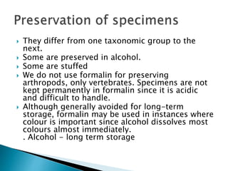  They differ from one taxonomic group to the
next.
 Some are preserved in alcohol.
 Some are stuffed
 We do not use formalin for preserving
arthropods, only vertebrates. Specimens are not
kept permanently in formalin since it is acidic
and difficult to handle.
 Although generally avoided for long-term
storage, formalin may be used in instances where
colour is important since alcohol dissolves most
colours almost immediately.
. Alcohol - long term storage
 