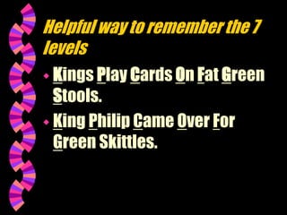 Helpful way to remember the 7
levels
 Kings Play Cards On Fat Green
Stools.
 King Philip Came Over For
Green Skittles.
 