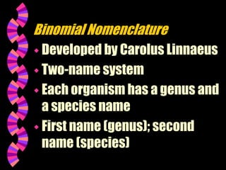 Binomial Nomenclature
 Developed by Carolus Linnaeus
 Two-name system
 Each organism has a genus and
a species name
 First name (genus); second
name (species)
 