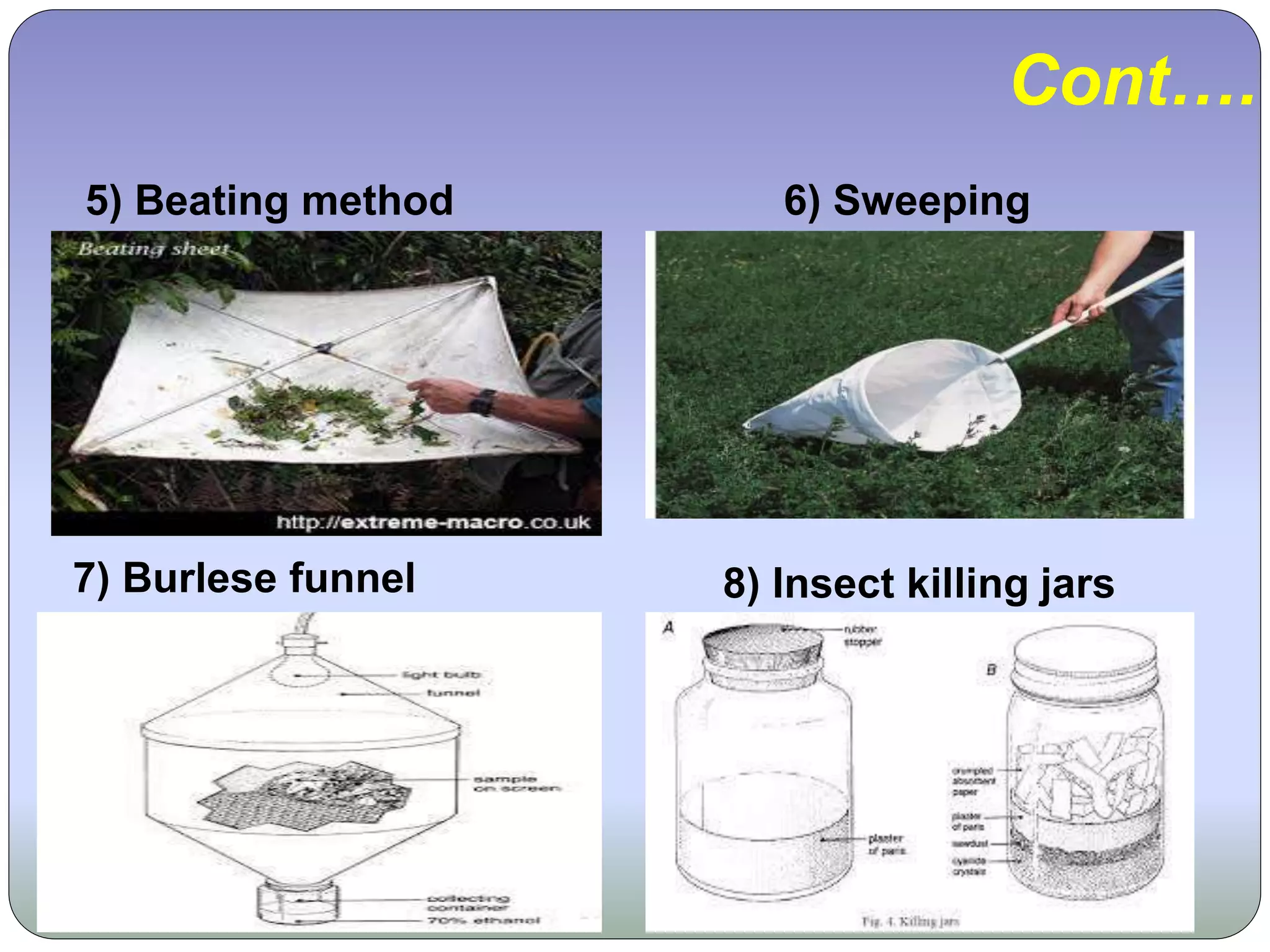 Cont….
5) Beating method 6) Sweeping
7) Burlese funnel 8) Insect killing jars
 