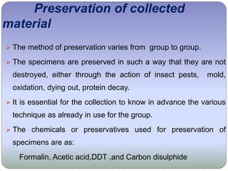 Preservation of collected
material
 The method of preservation varies from group to group.
 The specimens are preserved in such a way that they are not
destroyed, either through the action of insect pests, mold,
oxidation, dying out, protein decay.
 It is essential for the collection to know in advance the various
technique as already in use for the group.
 The chemicals or preservatives used for preservation of
specimens are as:
Formalin, Acetic acid,DDT ,and Carbon disulphide
 