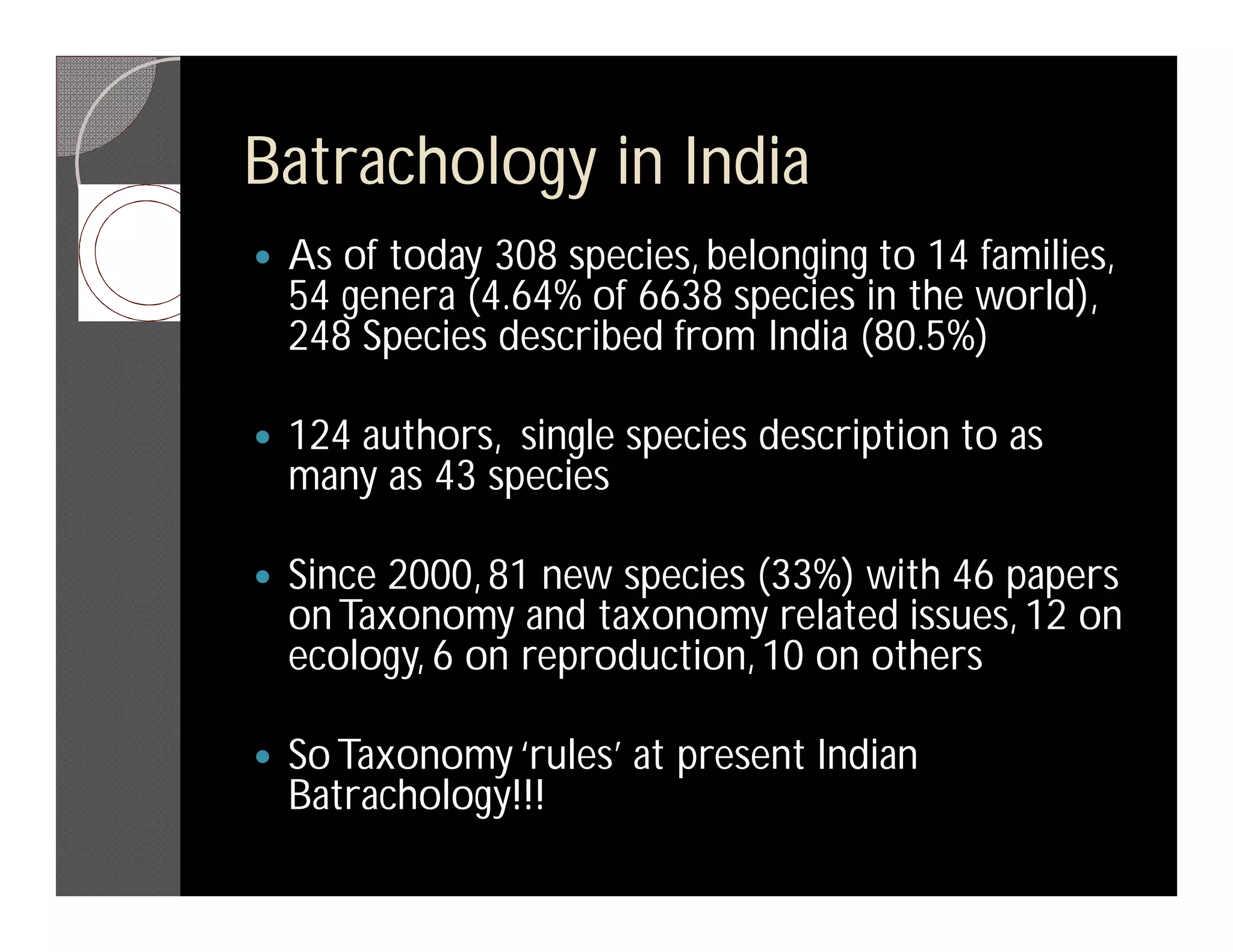Batrachology in India
   As of today 308 species, belonging to 14 families,
    54 genera (4.64% of 6638 species in the world),
    248 Species described from India (80.5%)

   124 authors, single species description to as
    many as 43 species

   Since 2000, 81 new species (33%) with 46 papers
    on Taxonomy and taxonomy related issues, 12 on
    ecology, 6 on reproduction, 10 on others

   So Taxonomy ‘rules’ at present Indian
    Batrachology!!!
 