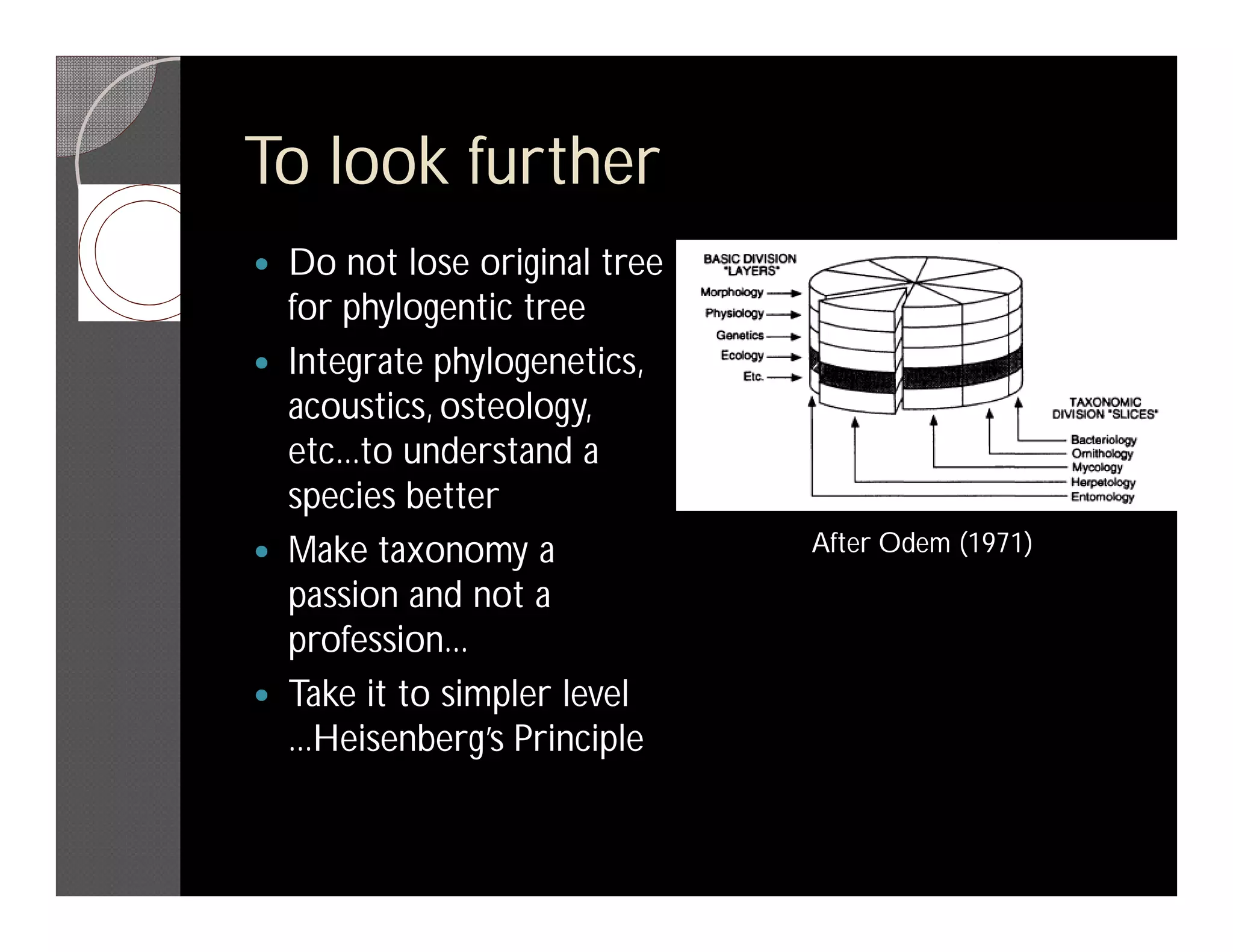 To look further
   Do not lose original tree
    for phylogentic tree
   Integrate phylogenetics,
    acoustics, osteology,
    etc...to understand a
    species better
   Make taxonomy a             After Odem (1971)
    passion and not a
    profession...
   Take it to simpler level
    ...Heisenberg’s Principle
 