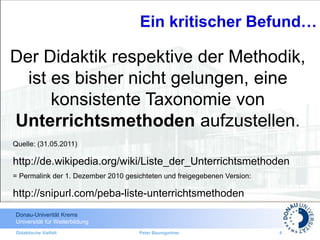 Donau-Univerität Krems
Universität für Weiterbildung
Didaktische Vielfalt Peter Baumgartner 4
Quelle: (31.05.2011)
http://de.wikipedia.org/wiki/Liste_der_Unterrichtsmethoden
= Permalink der 1. Dezember 2010 gesichteten und freigegebenen Version:
http://snipurl.com/peba-liste-unterrichtsmethoden
Der Didaktik respektive der Methodik,
ist es bisher nicht gelungen, eine
konsistente Taxonomie von
Unterrichtsmethoden aufzustellen.
Ein kritischer Befund…
 