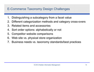 E-Commerce Taxonomy Design Challenges

1.   Distinguishing a subcategory from a facet value
2.   Different categorization methods and category cross-overs
3.   Related items and accessories
4.   Sort order options: alphabetically or not
5.   Competitor website comparisons
6.   Web site vs. physical store organization
7.   Business needs vs. taxonomy standards/best practices




                      © 2012 Hedden Information Management   10
 