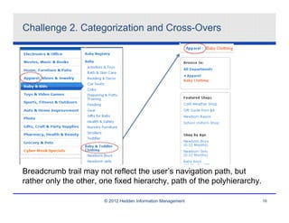 Challenge 2. Categorization and Cross-Overs




Breadcrumb trail may not reflect the user’s navigation path, but
rather only the other, one fixed hierarchy, path of the polyhierarchy.

                       © 2012 Hedden Information Management              16
 