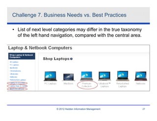 Challenge 7. Business Needs vs. Best Practices

• List of next level categories may differ in the true taxonomy
  of the left hand navigation, compared with the central area.




                     © 2012 Hedden Information Management         27
 
