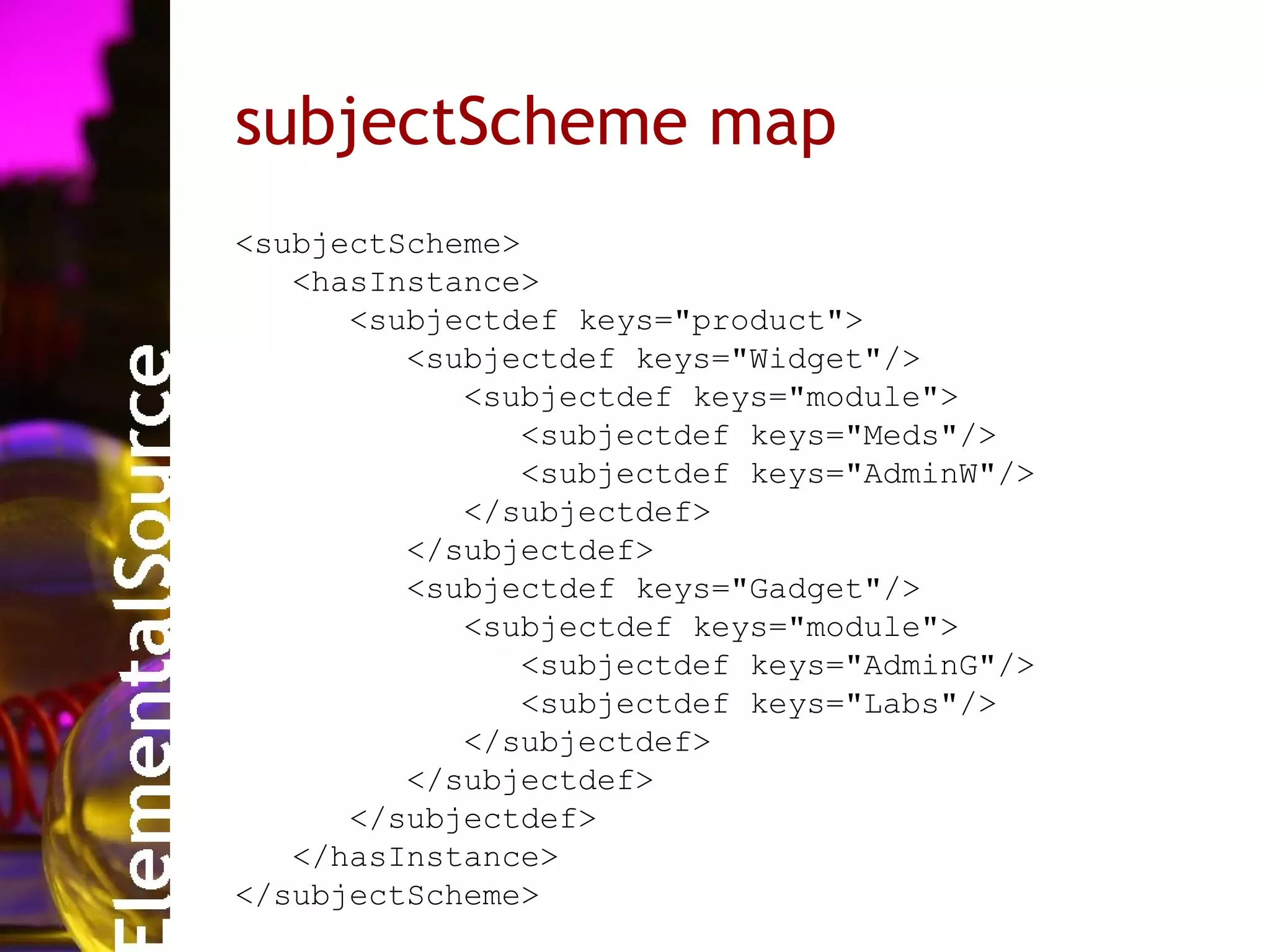 subjectScheme map
<subjectScheme>
   <hasInstance>
      <subjectdef keys="product">
         <subjectdef keys="Widget"/>
            <subjectdef keys="module">
               <subjectdef keys="Meds"/>
               <subjectdef keys="AdminW"/>
            </subjectdef>
         </subjectdef>
         <subjectdef keys="Gadget"/>
            <subjectdef keys="module">
               <subjectdef keys="AdminG"/>
               <subjectdef keys="Labs"/>
            </subjectdef>
         </subjectdef>
      </subjectdef>
   </hasInstance>
</subjectScheme>
 