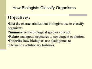 How Biologists Classify Organisms   Objectives: List  the characteristics that biologists use to classify organisms. Summarize  the biological species concept. Relate  analagous structures to convergent evolution. Describe  how biologists use cladograms to determine evolutionary histories. 