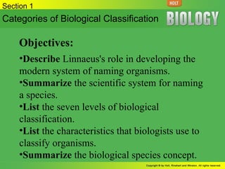 Section 1 Categories of Biological Classification   Objectives: ,[object Object],[object Object],[object Object],[object Object],[object Object]