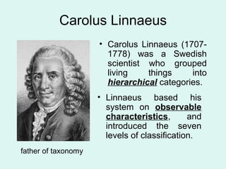 Carolus Linnaeus 
father of taxonomy 
• Carolus Linnaeus (1707- 
1778) was a Swedish 
scientist who grouped 
living things into 
hierarchical categories. 
• Linnaeus based his 
system on observable 
characteristics, and 
introduced the seven 
levels of classification. 
 