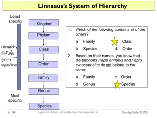 Kingdom
Phylum
Class
Order
Family
Genus
Species
Linnaeus’s System of Hierarchy
Most
specific
1. Which of the following contains all of the
others?
a. Family c. Class
b. Species d. Order
2. Based on their names, you know that
the baboons Papio annubis and Papio
cynocephalus do not belong to the
same:
a. Family c. Order
b. Genus d. Species
Least
specific
Hierarchy
ลาดับขั้น
สูงทาง
อนุกรมวิธาน
Saturday, October 10, 201534 ครูสุทธาทินี ศรีสมุทร โรงเรียนศรัทธาสมุทร จังหวัดสมุทรสงคราม
 