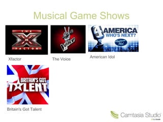 Musical Game Shows
Xfactor The Voice
American Idol
Britain's Got Talent
 
