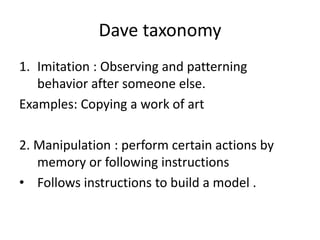 Dave taxonomy
1. Imitation : Observing and patterning
behavior after someone else.
Examples: Copying a work of art
2. Manipulation : perform certain actions by
memory or following instructions
• Follows instructions to build a model .
 
