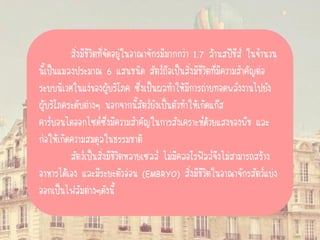 สิ่งมีชีวิตที่จัดอยู่ในอาณาจักรมีมากกว่า 1.7 ล้านสปีชีส์ ในจานวน
นี้เป็นแมลงประมาณ 6 แสนชนิด สัตว์ถือเป็นสิ่งมีชีวิตที่มีความสาคัญต่อ
ระบบนิเวศในแง่ของผู้บริโภค ซึ่งเป็นผลทาให้มีการถ่ายทอดพลังงานไปยัง
ผู้บริโภคระดับต่างๆ นอกจากนี้สัตว์ยังเป็นตัวทาให้เกิดแก๊ส
คาร์บอนไดออกไซด์ซึ่งมีความสาคัญในการสังเคราะห์ด้วยแสงของพืช และ
ก่อให้เกิดความสมดุลในธรรมชาติ
สัตว์เป็นสิ่งมีชีวิตหลายเซลล์ ไม่มีคลอโรฟิลล์จึงไม่สามารถสร้าง
อาหารได้เอง และมีระยะตัวอ่อน (EMBRYO) สิ่งมีชีวิตในอาณาจักรสัตว์แบ่ง
ออกเป็นไฟลัมต่างๆดังนี้
 