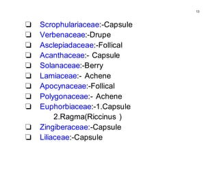 13
❏ Scrophulariaceae:-Capsule
❏ Verbenaceae:-Drupe
❏ Asclepiadaceae:-Follical
❏ Acanthaceae:- Capsule
❏ Solanaceae:-Berry
❏ Lamiaceae:- Achene
❏ Apocynaceae:-Follical
❏ Polygonaceae:- Achene
❏ Euphorbiaceae:-1.Capsule
2.Ragma(Riccinus )
❏ Zingiberaceae:-Capsule
❏ Liliaceae:-Capsule
 