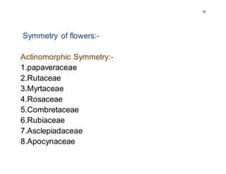 16
Symmetry of flowers:-
Actinomorphic Symmetry:-
1.papaveraceae
2.Rutaceae
3.Myrtaceae
4.Rosaceae
5.Combretaceae
6.Rubiaceae
7.Asclepiadaceae
8.Apocynaceae
 