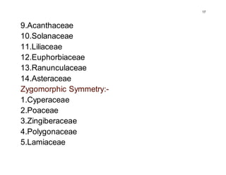 17
9.Acanthaceae
10.Solanaceae
11.Liliaceae
12.Euphorbiaceae
13.Ranunculaceae
14.Asteraceae
Zygomorphic Symmetry:-
1.Cyperaceae
2.Poaceae
3.Zingiberaceae
4.Polygonaceae
5.Lamiaceae
 