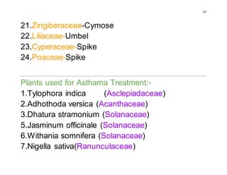 21
21.Zingiberaceae-Cymose
22.Liliaceae-Umbel
23.Cyperaceae-Spike
24.Poaceae-Spike
Plants used for Asthama Treatment:-
1.Tylophora indica (Asclepiadaceae)
2.Adhothoda versica (Acanthaceae)
3.Dhatura stramonium (Solanaceae)
5.Jasminum officinale (Solanaceae)
6.Withania somnifera (Solanaceae)
7.Nigella sativa(Ranunculaceae)
 