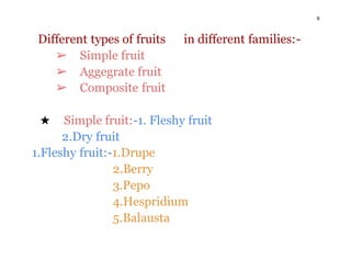 9
Different types of fruits in different families:-
➢ Simple fruit
➢ Aggegrate fruit
➢ Composite fruit
★ Simple fruit:-1. Fleshy fruit
2.Dry fruit
1.Fleshy fruit:-1.Drupe
2.Berry
3.Pepo
4.Hespridium
5.Balausta
 