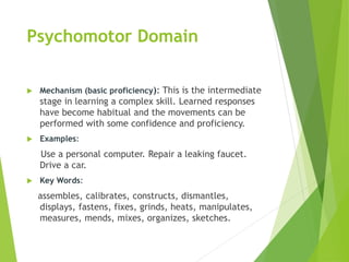 Psychomotor Domain
 Mechanism (basic proficiency): This is the intermediate
stage in learning a complex skill. Learned responses
have become habitual and the movements can be
performed with some confidence and proficiency.
 Examples:
Use a personal computer. Repair a leaking faucet.
Drive a car.
 Key Words:
assembles, calibrates, constructs, dismantles,
displays, fastens, fixes, grinds, heats, manipulates,
measures, mends, mixes, organizes, sketches.
 
