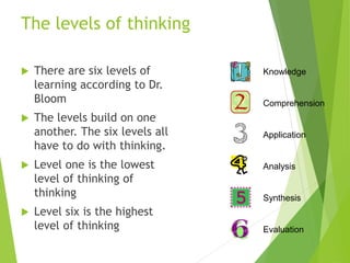 The levels of thinking
 There are six levels of
learning according to Dr.
Bloom
 The levels build on one
another. The six levels all
have to do with thinking.
 Level one is the lowest
level of thinking of
thinking
 Level six is the highest
level of thinking
Knowledge
Comprehension
Application
Analysis
Synthesis
Evaluation
 