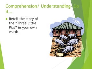 Comprehension/ Understanding- Do
it…
 Retell the story of
the “Three Little
Pigs” in your own
words.
 