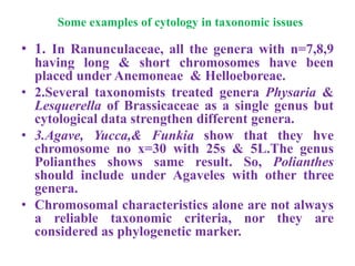 Some examples of cytology in taxonomic issues
• 1. In Ranunculaceae, all the genera with n=7,8,9
having long & short chromosomes have been
placed under Anemoneae & Helloeboreae.
• 2.Several taxonomists treated genera Physaria &
Lesquerella of Brassicaceae as a single genus but
cytological data strengthen different genera.
• 3.Agave, Yucca,& Funkia show that they hve
chromosome no x=30 with 25s & 5L.The genus
Polianthes shows same result. So, Polianthes
should include under Agaveles with other three
genera.
• Chromosomal characteristics alone are not always
a reliable taxonomic criteria, nor they are
considered as phylogenetic marker.
 