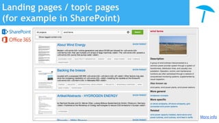 Landing pages / topic pages
(for example in SharePoint)
More info
 