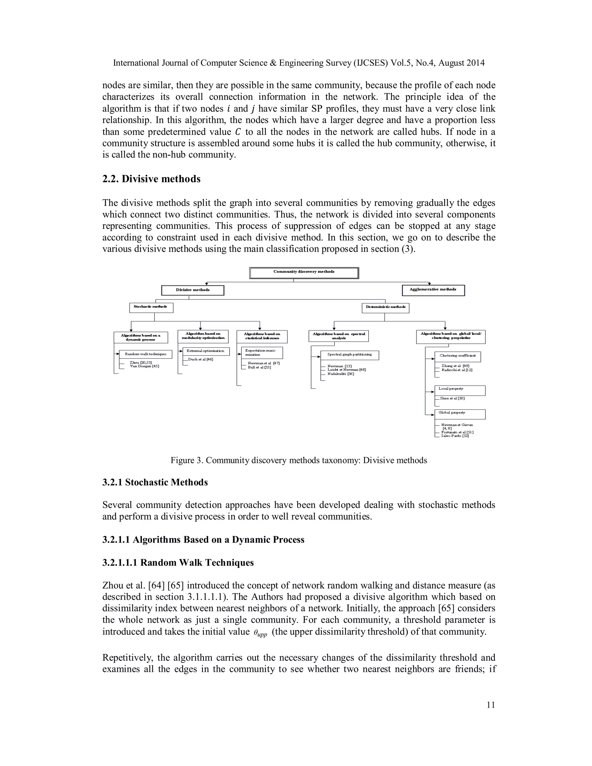 International Journal of Computer Science & Engineering Survey (IJCSES) Vol.5, No.4, August 2014 
nodes are similar, then they are possible in the same community, because the profile of each node 
characterizes its overall connection information in the network. The principle idea of the 
algorithm is that if two nodes ݅ and ݆ have similar SP profiles, they must have a very close link 
relationship. In this algorithm, the nodes which have a larger degree and have a proportion less 
than some predetermined value ܥ to all the nodes in the network are called hubs. If node in a 
community structure is assembled around some hubs it is called the hub community, otherwise, it 
is called the non-hub community. 
2.2. Divisive methods 
The divisive methods split the graph into several communities by removing gradually the edges 
which connect two distinct communities. Thus, the network is divided into several components 
representing communities. This process of suppression of edges can be stopped at any stage 
according to constraint used in each divisive method. In this section, we go on to describe the 
various divisive methods using the main classification proposed in section (3). 
11 
Figure 3. Community discovery methods taxonomy: Divisive methods 
3.2.1 Stochastic Methods 
Several community detection approaches have been developed dealing with stochastic methods 
and perform a divisive process in order to well reveal communities. 
3.2.1.1 Algorithms Based on a Dynamic Process 
3.2.1.1.1 Random Walk Techniques 
Zhou et al. [64] [65] introduced the concept of network random walking and distance measure (as 
described in section 3.1.1.1.1). The Authors had proposed a divisive algorithm which based on 
dissimilarity index between nearest neighbors of a network. Initially, the approach [65] considers 
the whole network as just a single community. For each community, a threshold parameter is 
introduced and takes the initial value upp (the upper dissimilarity threshold) of that community. 
Repetitively, the algorithm carries out the necessary changes of the dissimilarity threshold and 
examines all the edges in the community to see whether two nearest neighbors are friends; if 
 