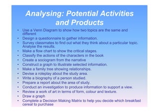 Analysing: Potential Activities
and Products
• Use a Venn Diagram to show how two topics are the same and
different
• Design a questionnaire to gather information.
• Survey classmates to find out what they think about a particular topic.
Analyse the results.
• Make a flow chart to show the critical stages.
• Classify the actions of the characters in the book
• Create a sociogram from the narrative
• Construct a graph to illustrate selected information.
• Make a family tree showing relationships.
• Devise a roleplay about the study area.
• Write a biography of a person studied.
• Prepare a report about the area of study.
• Conduct an investigation to produce information to support a view.
• Review a work of art in terms of form, colour and texture.
• Draw a graph
• Complete a Decision Making Matrix to help you decide which breakfast
cereal to purchase
 