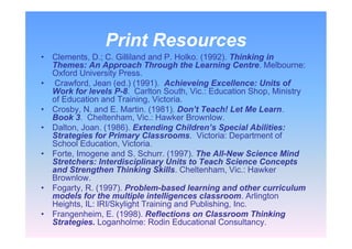 Print Resources
• Clements, D.; C. Gilliland and P. Holko. (1992). Thinking in
Themes: An Approach Through the Learning Centre. Melbourne:
Oxford University Press.
• Crawford, Jean (ed.) (1991). Achieveing Excellence: Units of
Work for levels P-8. Carlton South, Vic.: Education Shop, Ministry
of Education and Training, Victoria.
• Crosby, N. and E. Martin. (1981). Don’t Teach! Let Me Learn.
Book 3. Cheltenham, Vic.: Hawker Brownlow.
• Dalton, Joan. (1986). Extending Children’s Special Abilities:
Strategies for Primary Classrooms. Victoria: Department of
School Education, Victoria.
• Forte, Imogene and S. Schurr. (1997). The All-New Science Mind
Stretchers: Interdisciplinary Units to Teach Science Concepts
and Strengthen Thinking Skills. Cheltenham, Vic.: Hawker
Brownlow.
• Fogarty, R. (1997). Problem-based learning and other curriculum
models for the multiple intelligences classroom. Arlington
Heights, IL: IRI/Skylight Training and Publishing, Inc.
• Frangenheim, E. (1998). Reflections on Classroom Thinking
Strategies. Loganholme: Rodin Educational Consultancy.
 
