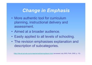 Change in Emphasis
• More authentic tool for curriculum
planning, instructional delivery and
assessment.
• Aimed at a broader audience.
• Easily applied to all levels of schooling.
• The revision emphasises explanation and
description of subcategories.
(http://rite.ed.qut.edu.au/oz-teachernet/training/bloom.html (accessed July 2003; Pohl, 2000, p. 10).
 