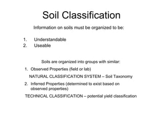 Soil Classification
Information on soils must be organized to be:
1. Understandable
2. Useable
Soils are organized into groups with similar:
1. Observed Properties (field or lab)
NATURAL CLASSIFICATION SYSTEM – Soil Taxonomy
2. Inferred Properties (determined to exist based on
observed properties)
TECHNICAL CLASSIFICATION – potential yield classification
 