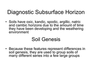 Diagnostic Subsurface Horizon
• Soils have oxic, kandic, spodic, argillic, natric
and cambic horizons due to the amount of time
they have been developing and the weathering
environment
• Because these features represent differences in
soil genesis, they are used to group soils of
many different series into a few large groups
Soil Genesis
 