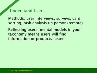Understand Users
Methods: user interviews, surveys, card
sorting, task analysis (in person/remote)
Reflecting users’ mental models in your
taxonomy means users will find
information or products faster




© 2012 by ContextualAnalysis                51
 