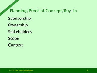 Planning/Proof of Concept/Buy-In
Sponsorship
Ownership
Stakeholders
Scope
Context




© 2012 by ContextualAnalysis       9
 