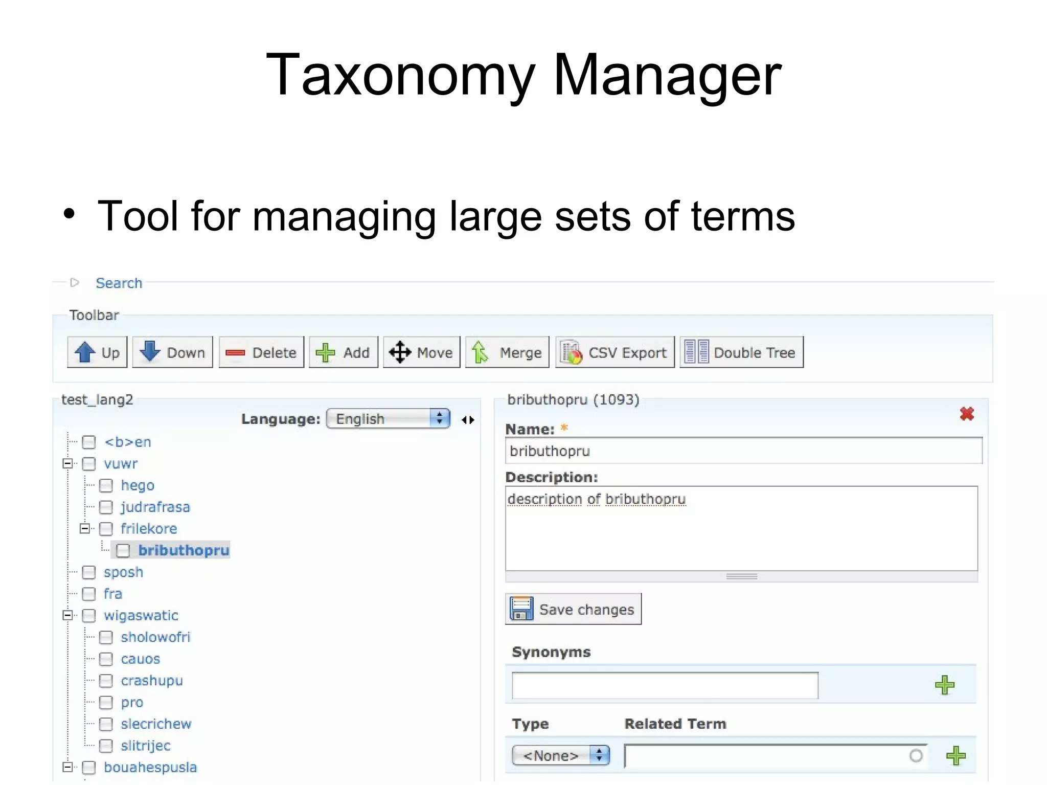 Taxonomy Manager

• Tool for managing large sets of terms
 