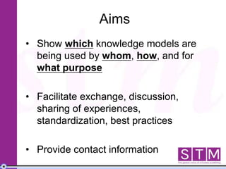 Aims
• Show which knowledge models are
being used by whom, how, and for
what purpose
• Facilitate exchange, discussion,
sharing of experiences,
standardization, best practices
• Provide contact information
 