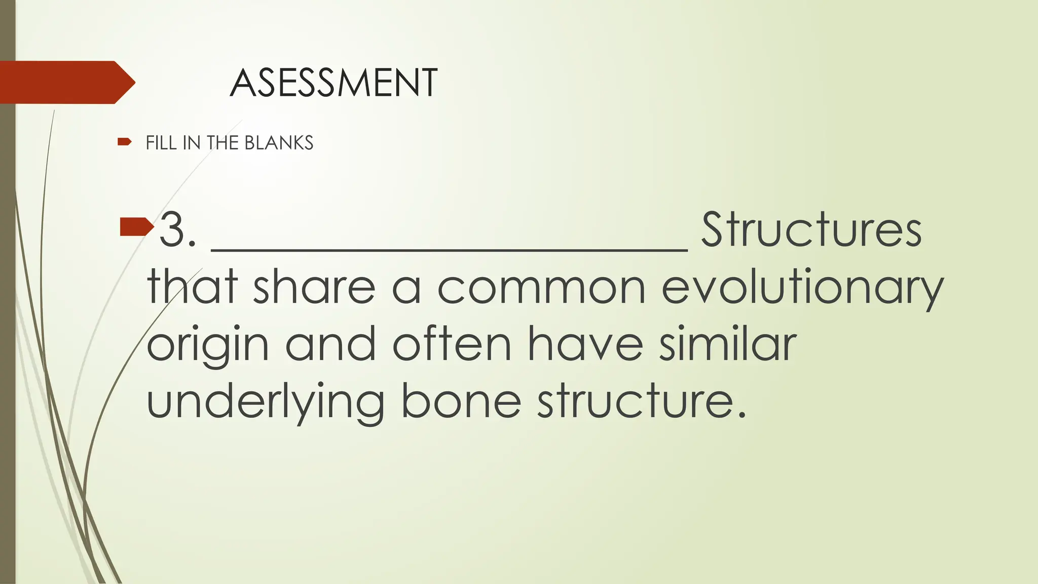 ASESSMENT
 FILL IN THE BLANKS
3. ____________________ Structures
that share a common evolutionary
origin and often have similar
underlying bone structure.
 