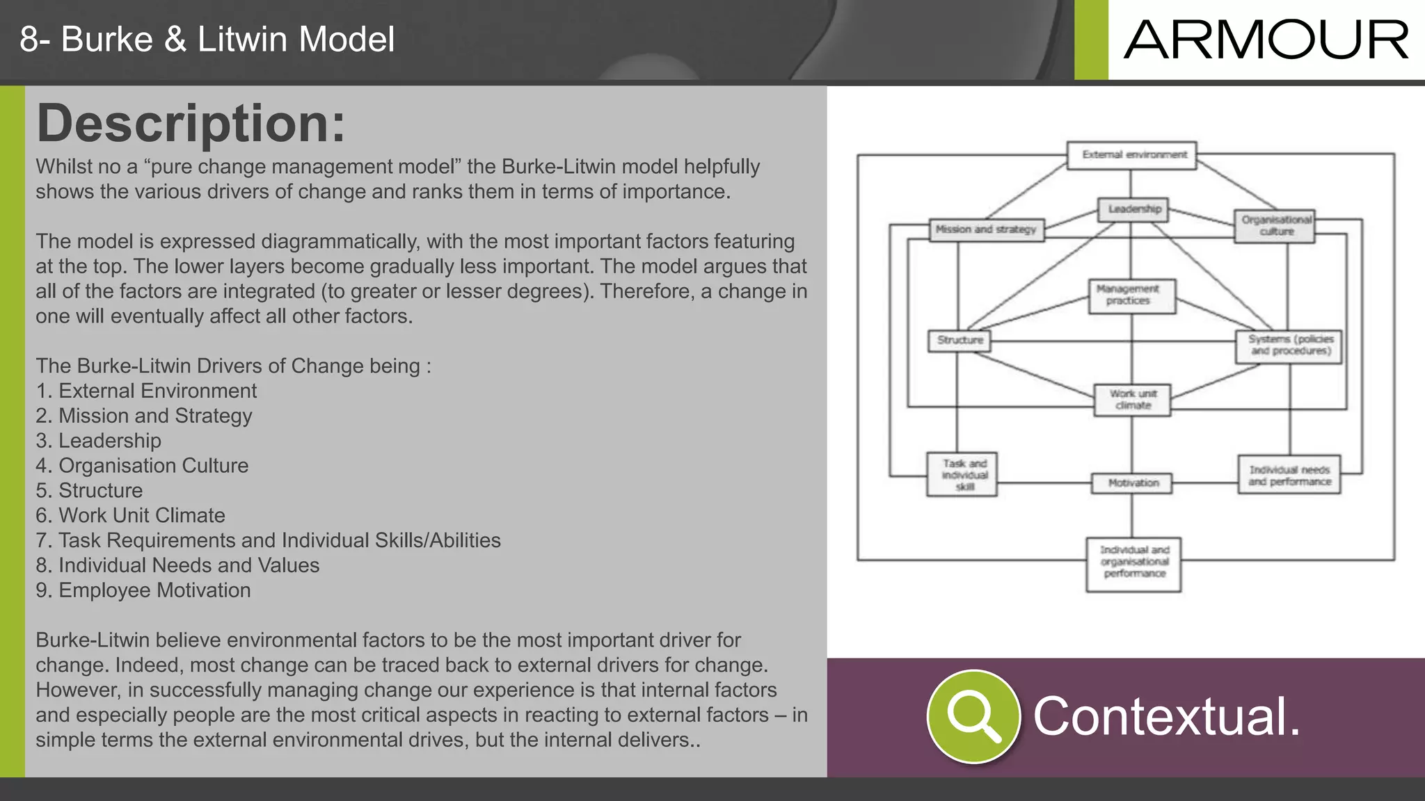 8- Burke & Litwin Model
Description:
Whilst no a “pure change management model” the Burke-Litwin model helpfully
shows the various drivers of change and ranks them in terms of importance.
The model is expressed diagrammatically, with the most important factors featuring
at the top. The lower layers become gradually less important. The model argues that
all of the factors are integrated (to greater or lesser degrees). Therefore, a change in
one will eventually affect all other factors.
The Burke-Litwin Drivers of Change being :
1. External Environment
2. Mission and Strategy
3. Leadership
4. Organisation Culture
5. Structure
6. Work Unit Climate
7. Task Requirements and Individual Skills/Abilities
8. Individual Needs and Values
9. Employee Motivation
Burke-Litwin believe environmental factors to be the most important driver for
change. Indeed, most change can be traced back to external drivers for change.
However, in successfully managing change our experience is that internal factors
and especially people are the most critical aspects in reacting to external factors – in
simple terms the external environmental drives, but the internal delivers..
Contextual.
 