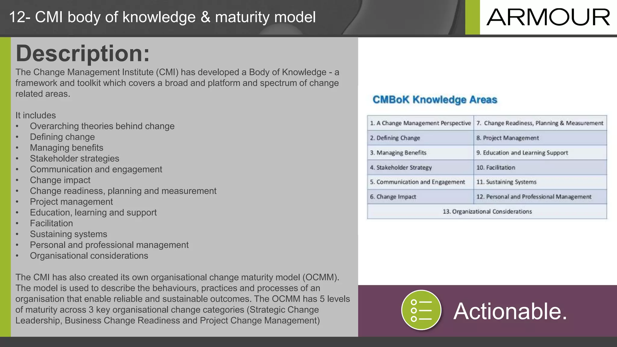12- CMI body of knowledge & maturity model
Description:
The Change Management Institute (CMI) has developed a Body of Knowledge - a
framework and toolkit which covers a broad and platform and spectrum of change
related areas.
It includes
• Overarching theories behind change
• Defining change
• Managing benefits
• Stakeholder strategies
• Communication and engagement
• Change impact
• Change readiness, planning and measurement
• Project management
• Education, learning and support
• Facilitation
• Sustaining systems
• Personal and professional management
• Organisational considerations
The CMI has also created its own organisational change maturity model (OCMM).
The model is used to describe the behaviours, practices and processes of an
organisation that enable reliable and sustainable outcomes. The OCMM has 5 levels
of maturity across 3 key organisational change categories (Strategic Change
Leadership, Business Change Readiness and Project Change Management) Actionable.
 