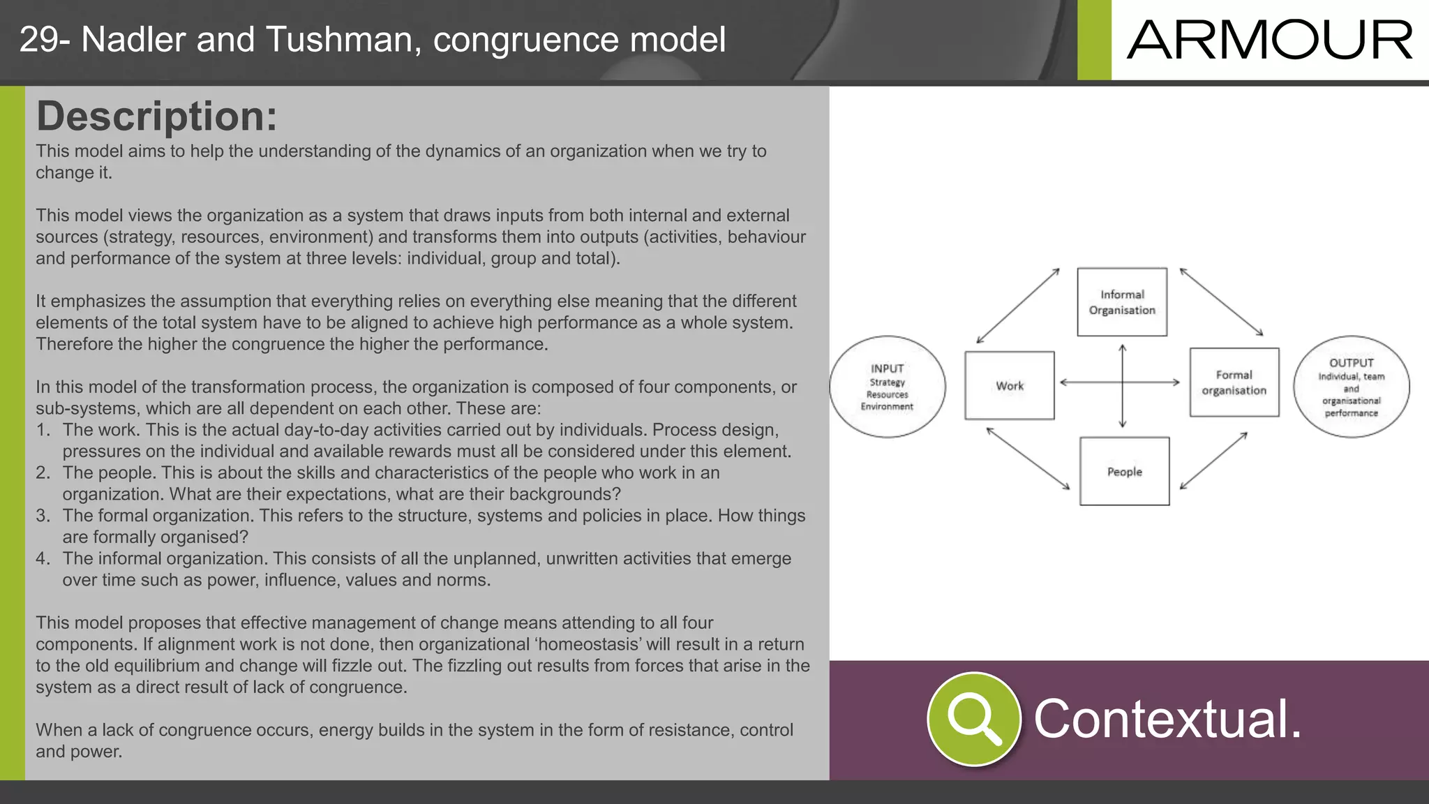 29- Nadler and Tushman, congruence model
Description:
This model aims to help the understanding of the dynamics of an organization when we try to
change it.
This model views the organization as a system that draws inputs from both internal and external
sources (strategy, resources, environment) and transforms them into outputs (activities, behaviour
and performance of the system at three levels: individual, group and total).
It emphasizes the assumption that everything relies on everything else meaning that the different
elements of the total system have to be aligned to achieve high performance as a whole system.
Therefore the higher the congruence the higher the performance.
In this model of the transformation process, the organization is composed of four components, or
sub-systems, which are all dependent on each other. These are:
1. The work. This is the actual day-to-day activities carried out by individuals. Process design,
pressures on the individual and available rewards must all be considered under this element.
2. The people. This is about the skills and characteristics of the people who work in an
organization. What are their expectations, what are their backgrounds?
3. The formal organization. This refers to the structure, systems and policies in place. How things
are formally organised?
4. The informal organization. This consists of all the unplanned, unwritten activities that emerge
over time such as power, influence, values and norms.
This model proposes that effective management of change means attending to all four
components. If alignment work is not done, then organizational ‘homeostasis’ will result in a return
to the old equilibrium and change will fizzle out. The fizzling out results from forces that arise in the
system as a direct result of lack of congruence.
When a lack of congruence occurs, energy builds in the system in the form of resistance, control
and power.
Contextual.
 