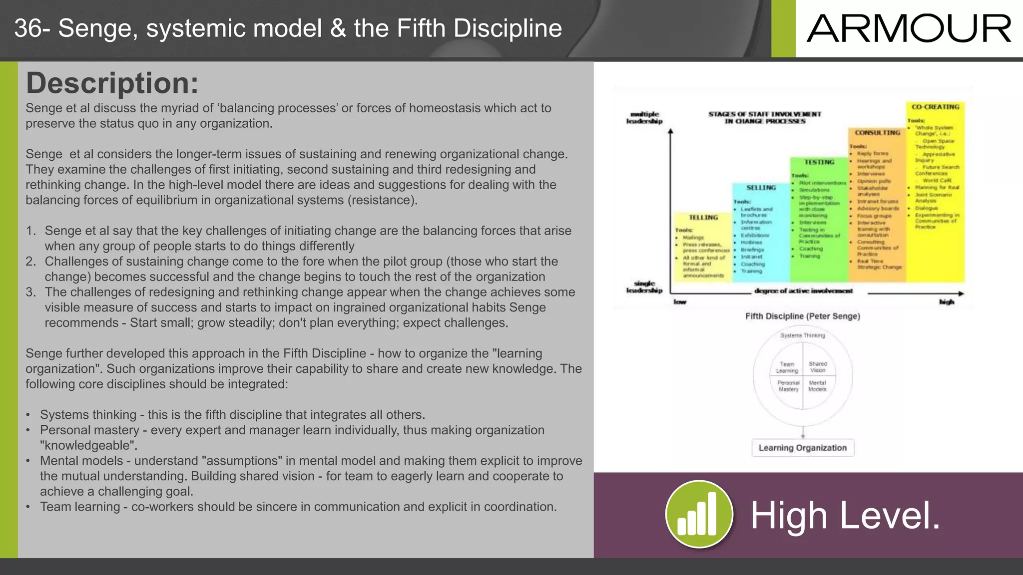36- Senge, systemic model & the Fifth Discipline
Description:
Senge et al discuss the myriad of ‘balancing processes’ or forces of homeostasis which act to
preserve the status quo in any organization.
Senge et al considers the longer-term issues of sustaining and renewing organizational change.
They examine the challenges of first initiating, second sustaining and third redesigning and
rethinking change. In the high-level model there are ideas and suggestions for dealing with the
balancing forces of equilibrium in organizational systems (resistance).
1. Senge et al say that the key challenges of initiating change are the balancing forces that arise
when any group of people starts to do things differently
2. Challenges of sustaining change come to the fore when the pilot group (those who start the
change) becomes successful and the change begins to touch the rest of the organization
3. The challenges of redesigning and rethinking change appear when the change achieves some
visible measure of success and starts to impact on ingrained organizational habits Senge
recommends - Start small; grow steadily; don't plan everything; expect challenges.
Senge further developed this approach in the Fifth Discipline - how to organize the "learning
organization". Such organizations improve their capability to share and create new knowledge. The
following core disciplines should be integrated:
• Systems thinking - this is the fifth discipline that integrates all others.
• Personal mastery - every expert and manager learn individually, thus making organization
"knowledgeable".
• Mental models - understand "assumptions" in mental model and making them explicit to improve
the mutual understanding. Building shared vision - for team to eagerly learn and cooperate to
achieve a challenging goal.
• Team learning - co-workers should be sincere in communication and explicit in coordination.
High Level.
 