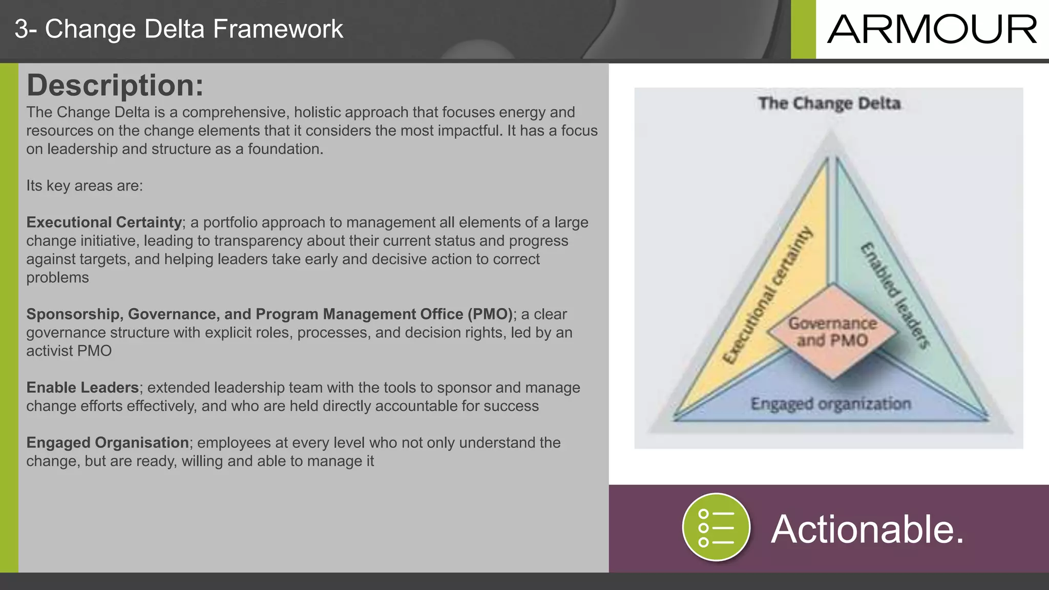 3- Change Delta Framework
Description:
The Change Delta is a comprehensive, holistic approach that focuses energy and
resources on the change elements that it considers the most impactful. It has a focus
on leadership and structure as a foundation.
Its key areas are:
Executional Certainty; a portfolio approach to management all elements of a large
change initiative, leading to transparency about their current status and progress
against targets, and helping leaders take early and decisive action to correct
problems
Sponsorship, Governance, and Program Management Office (PMO); a clear
governance structure with explicit roles, processes, and decision rights, led by an
activist PMO
Enable Leaders; extended leadership team with the tools to sponsor and manage
change efforts effectively, and who are held directly accountable for success
Engaged Organisation; employees at every level who not only understand the
change, but are ready, willing and able to manage it
Actionable.
 