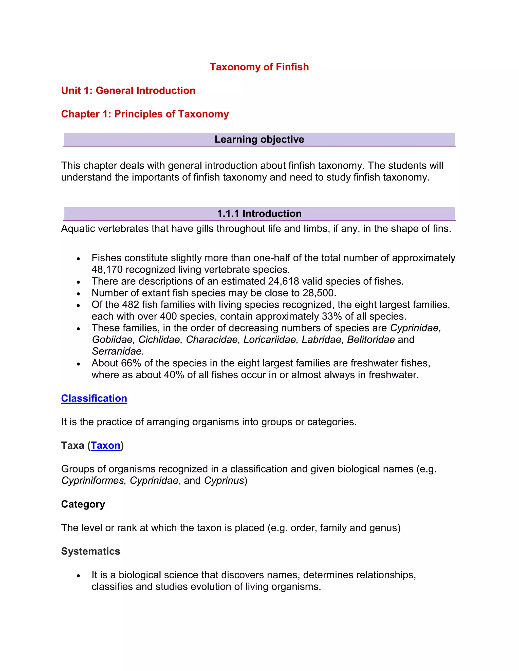 Taxonomy of finfish notes | PDF