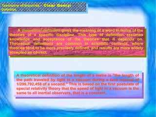   A  theoretical definition  gives the meaning of a word in terms of the theories of a specific discipline. This type of definition assumes knowledge and acceptance of the theories that it depends on. Theoretical definitions are common in scientific contexts, where theories tend to be more precisely defined, and results are more widely accepted as correct.  Taxonomy of Inquiries –  Clear Query:  Definition A theoretical definition of the length of a metre is "the length of the path traveled by light in a vacuum during a time interval of 1/299,792,458 of a second." This is based on the first postulate of special relativity theory that the speed of light in a vacuum is the same to all inertial observers, that is a constant. 