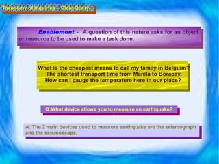 Enablement   -   A question of this nature asks for an object or resource to be used to make a task done.  Taxonomy of Inquiries -  Clear Query What is the cheapest means to call my family in Belguim? The shortest transport time from Manila to Boracay. How can I gauge the temperature here in our place?  Q:What device allows you to measure an earthquake? A: T he 2 main devices used to measure earthquake are the seismograph and the seismoscope.  