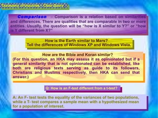 Comparison   –  Comparison is a relation based on similarities and differences. There are qualities that are comparable in two or more entities. Usually, the question will be “how is X similar to Y?” or “how is Y different from X?”  Taxonomy of Inquiries – Clear Query (For this question, an HKA may assess it as opinionated but if a general similarity that is not opinionated can be established, like both are religious texts serving as guide to its followers, Christians and Muslims respectively, then HKA can send that answer.) How is the Earth similar to Mars?   Tell the differences of Windows XP and Windows Vista.   How are the Bible and Koran similar?   Q: How is an F-test different from a t-test? A: An F- test tests the equality of the variances of two populations, while a T- test compares a sample mean with a hypothesized mean for a population of interest. 
